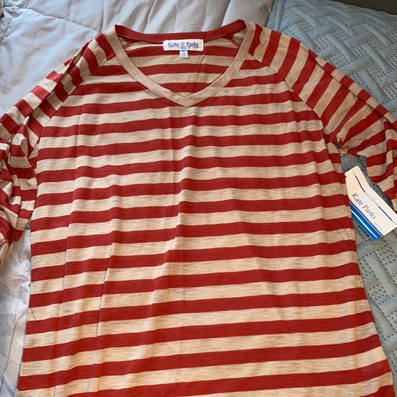 Kate Parks lightweight vee neck long sleeve horizontal striped tee rust PL NWT - Picture 6 of 13
